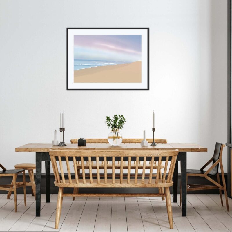 Tableau Lacanau Océan "S'évader en légèreté" DENADDA Affiche Lacanau Océan dans un cadre, décoration intérieur, "S'évader en légèreté" tableau d'une illustration minimaliste de DENADDA.