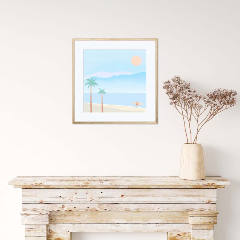 Tableau Vacances d'été à la plage "Aloha bike" DENADDA Affiche vacances d'été à la plage, au bord de la mer, dans un cadre, décoration intérieur, "Aloha bike" tableau d'une illustration minimaliste de DENADDA.