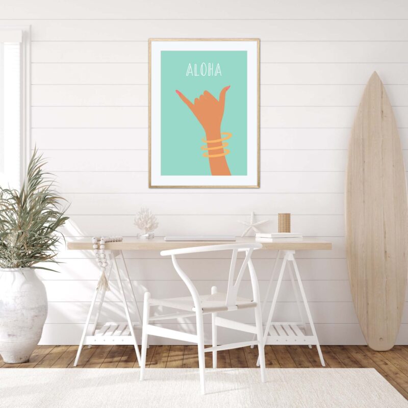 Tableau "Aloha" DENADDA Affiche Aloha dans un cadre, une illustration avec le signe aloha des surfeurs, poster, décoration intérieur, tableau d'une illustration minimaliste de DENADDA.