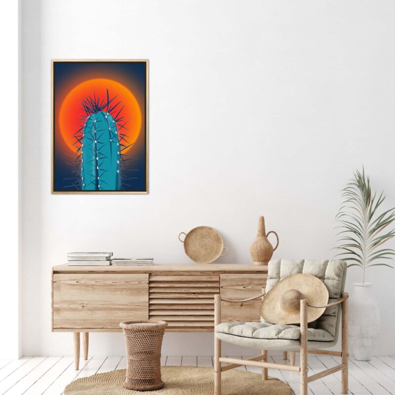 Tableau d'un cactus minimaliste "Picky" DENADDA Affiche cactus minimaliste dans un cadre, dessin d'un cactus au soleil couchant, poster, décoration murale, intérieur, tableau d'une illustration minimaliste de DENADDA.