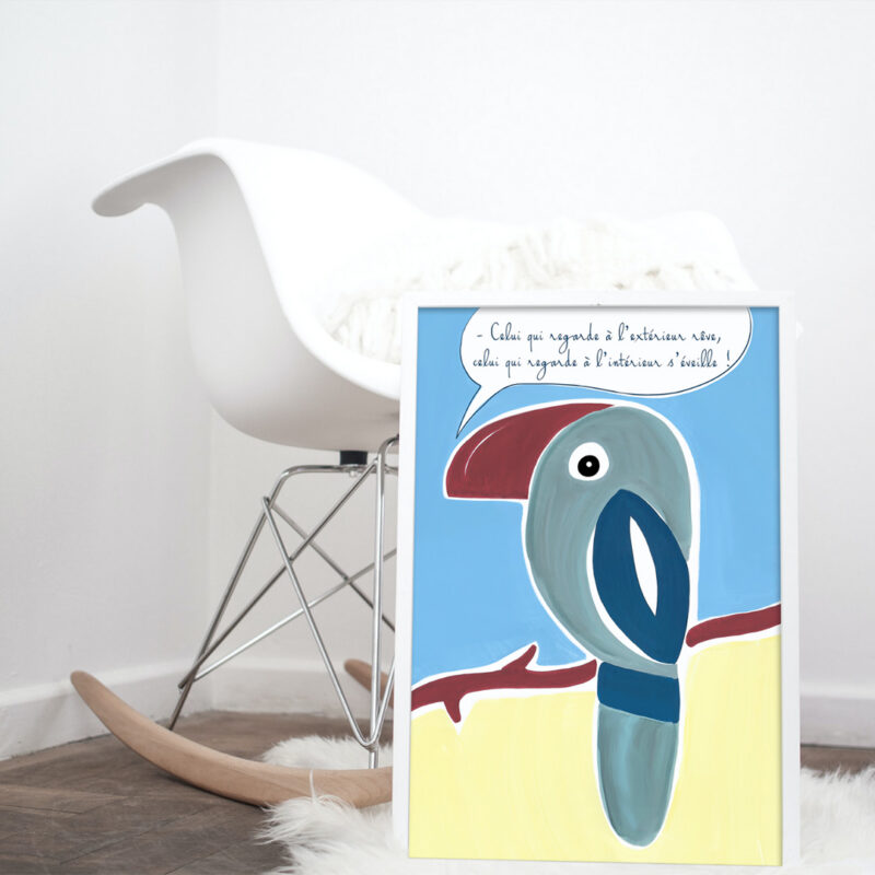 Tableau d'un toucan avec citation de Carl Gustav Jung "Dr Jung" DENADDA Affiche avec une citation de Carl Gustav Jung dans un cadre, dessin d'un toucan, poster, décoration intérieur, tableau d'une illustration minimaliste de DENADDA.
