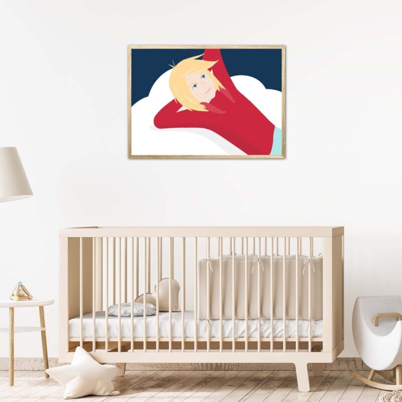 Tableau pour enfant "Marin" DENADDA Affiche pour chambre enfant dans un cadre, dessin d'un petit garçon qui rêve sur son nuage, poster, décoration intérieur, tableau d'une illustration minimaliste de DENADDA.