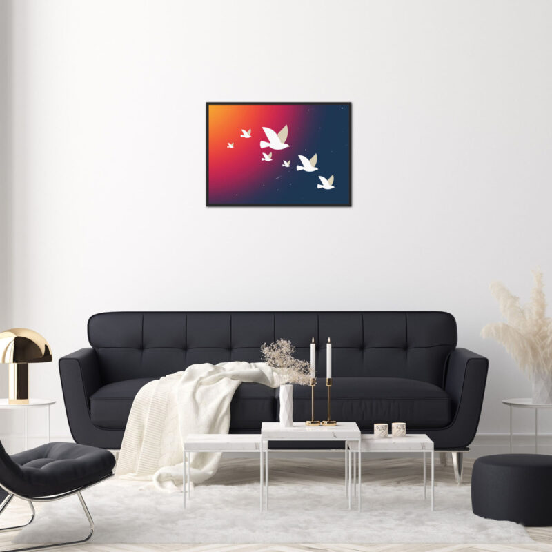 Tableau minimaliste les oiseaux "Light" DENADDA Affiche minimaliste d'oiseaux dans un cadre, dessin d'oiseaux qui voyagent à travers un ciel étoilé, poster, décoration intérieur, tableau d'une illustration minimaliste de DENADDA.