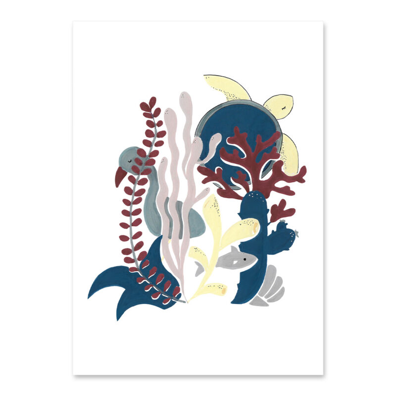 Affiche d'une tortue de mer et ses amis "Eya avec grâce" DENADDA Affiche tortue, dessin d'une tortue de mer EYA et ses amis, une illustration minimaliste de DENADDA