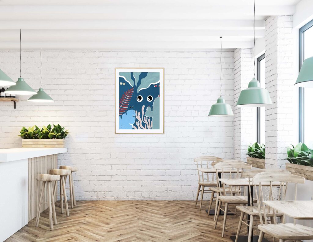 Affiche tortue de mer Eya dans un cadre, dessin d'une tortue de mer dans la nuit, poster, décoration intérieur, tableau d'une illustration minimaliste de DENADDA.