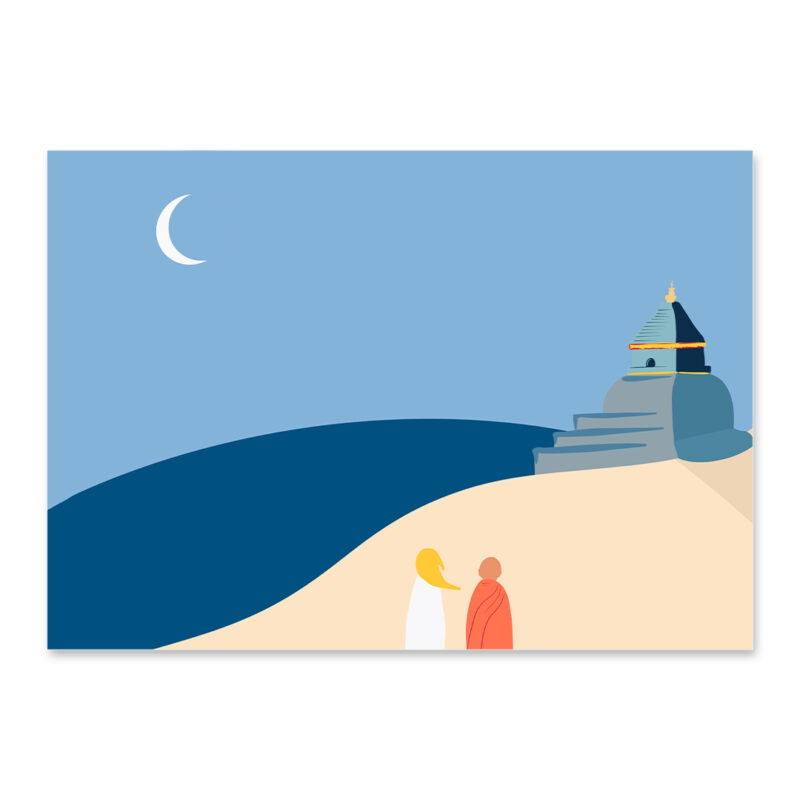 Affiche zen au Tibet, un moine et une petite fille regarde un temple au Tibet, une illustration minimaliste de DENADDA