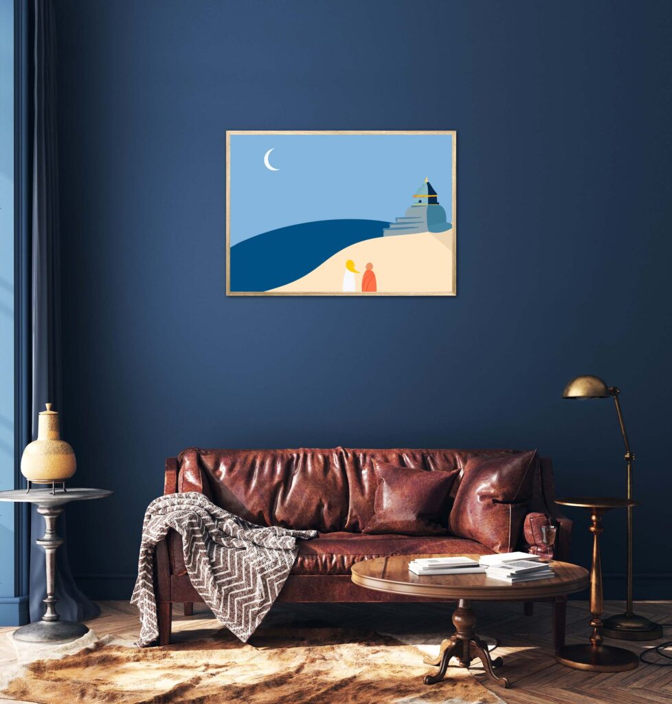 Affiche zen au Tibet dans un cadre, une petite fille et un moine regarde un temple, poster, décoration intérieur, tableau d'une illustration minimaliste de DENADDA.