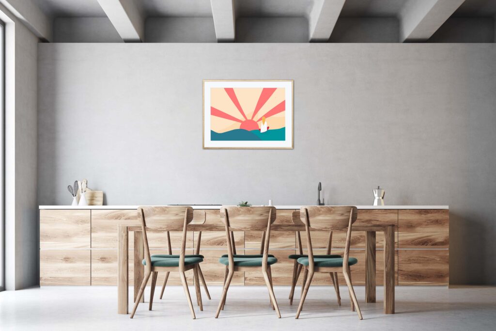 Affiche zen méditation dans un cadre, une petite fille médite au sommet d'une montagne au Tibet, poster, décoration intérieur, tableau d'une illustration minimaliste de DENADDA.