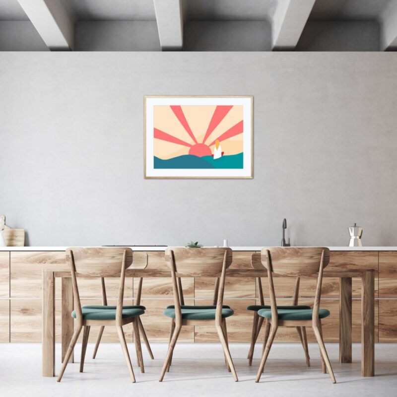 Tableau zen Méditation "Sunset Au sommet" DENADDA Affiche zen méditation dans un cadre, une petite fille médite au sommet d'une montagne au Tibet, poster, décoration intérieur, tableau d'une illustration minimaliste de DENADDA.