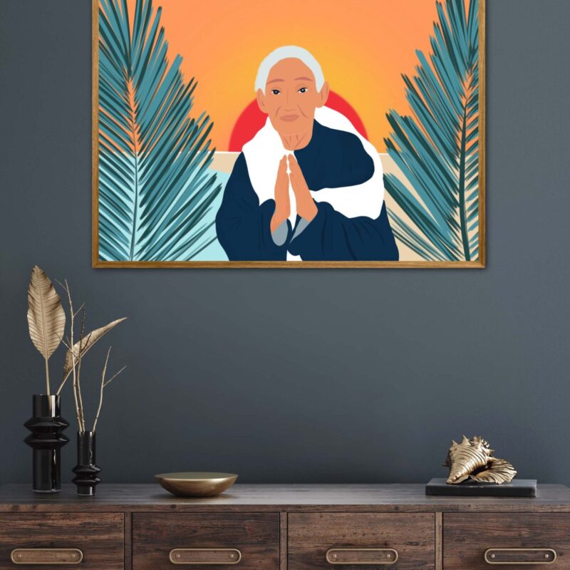 Tableau zen "Pacha Mama" DENADDA Affiche zen dans un cadre, une femme âgée et sage au soleil levant, poster, décoration intérieur, tableau d'une illustration minimaliste de DENADDA.