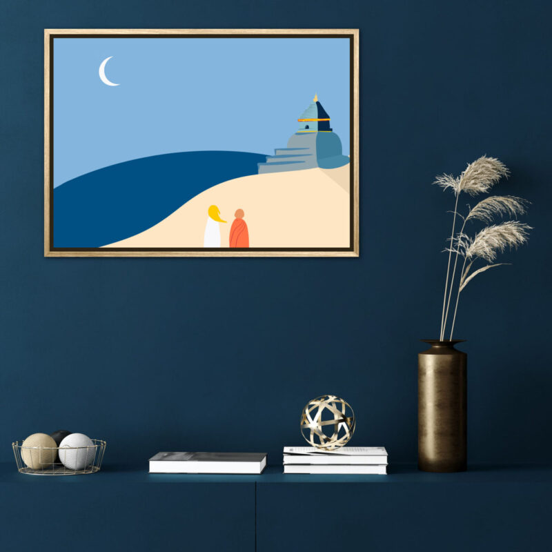 Tableau zen au Tibet "Temple" DENADDA Affiche zen au Tibet dans un cadre, une petite fille et un Bouddha regarde un temple, poster, décoration intérieur, tableau d'une illustration minimaliste de DENADDA.