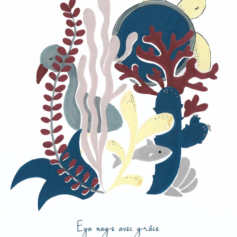 EYA hors de sa carapace - Tome I Illustration du conte philosophique EYA une petite tortue nage avec grâce et tout le monde apprécie sa joyeuse compagnie. Collection DENADDA