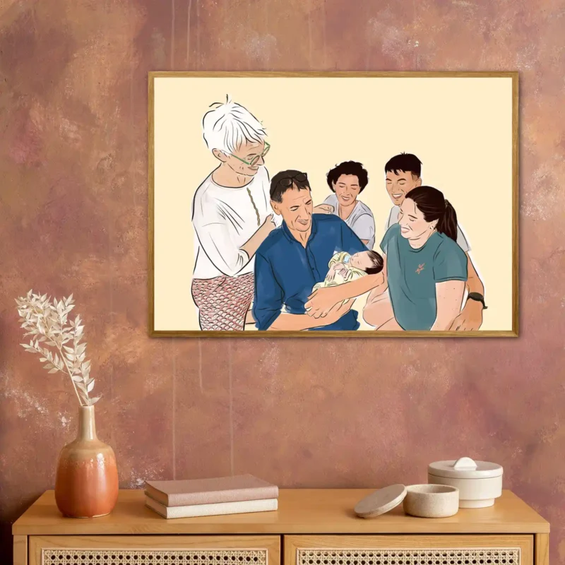 Dessin personnalisé Dessin personnalisé de 5 personnes et 1 bébé pour une naissance. Denadda