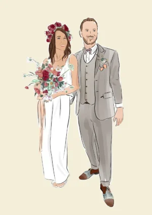Dessin personnalisé pour un mariage. 2 mariés sur un fond crème uni. Dessiné par DENADDA.