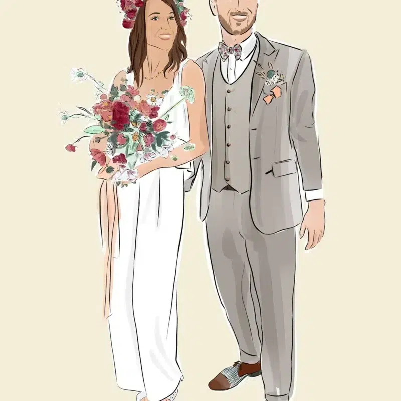 Dessin personnalisé Dessin personnalisé pour un mariage. 2 mariés sur un fond crème uni. Dessiné par DENADDA.