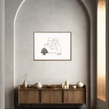 Portrait minimaliste d'un couple en noir et blanc sur un fond de couleur crème avec un sapin de noêl. dans un cadre en bois. Dessin de DENADDA.