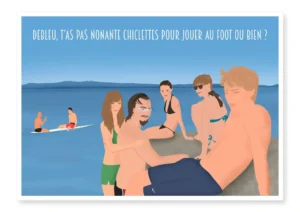 Affiche personnalisée en ligne avec texte, réalisé à partir de plusieurs photos. Cadeau meilleurs amis, souvenir de 7 personnes qui se baignent au Lac Léman. Style illustration dessiné par DENADDA.