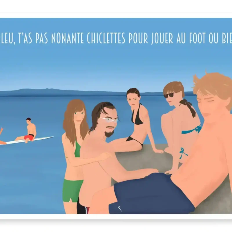 Affiche personnalisée - Style illustration avec texte Affiche personnalisée en ligne avec texte, réalisé à partir de plusieurs photos. Cadeau meilleurs amis, souvenir de 7 personnes qui se baignent au Lac Léman. Style illustration dessiné par DENADDA.