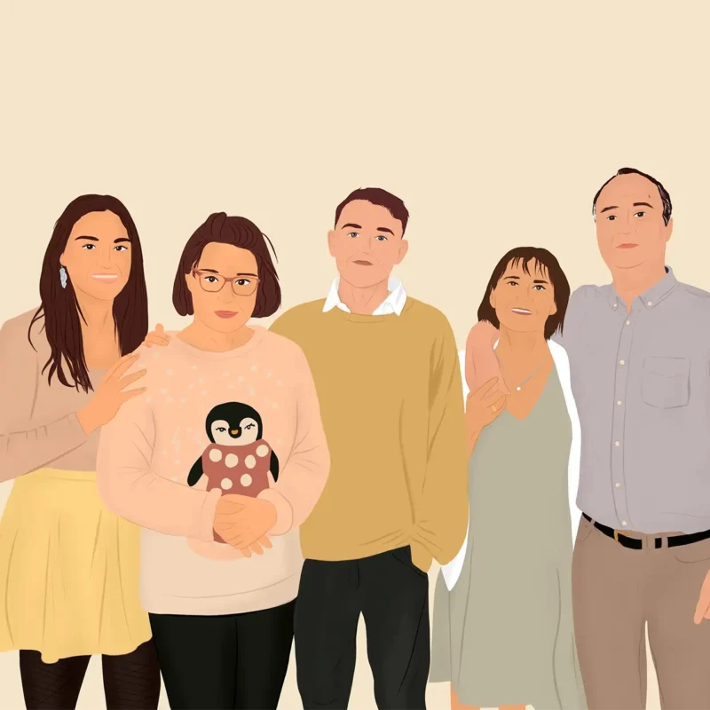 Illustration famille de 5 personnes. Cadeau personnalisé par Denadda.