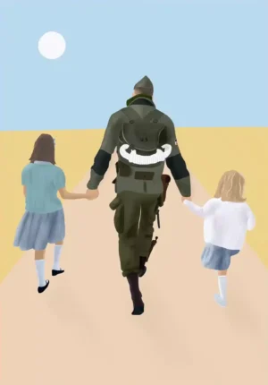 Dessin famille 3 personnes de dos. Un portrait personnalisé illustré de dos à partir d'une photo. Cadeau original fête des pères. DENADDA.