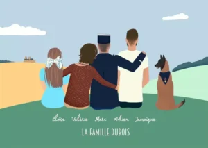 Dessin famille 4 personnes de dos plus un animal. Une affiche personnalisée avec prénom et nom de la famille. Illustrée de dos à partir de plusieurs photos. DENADDA.