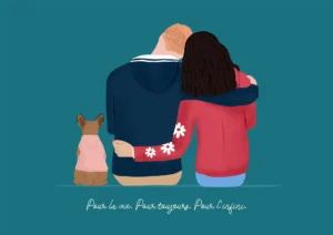 Dessin famille de dos personnalisé avec prénoms. Portrait couple et 1 chien. Une affiche de dos dessinée à partir de plusieurs photos. DENADDA.