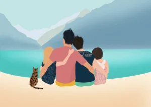 Portrait de famille personnalisé de dos avec 4 personnes et 1 chat avec paysage illustré. DENADDA