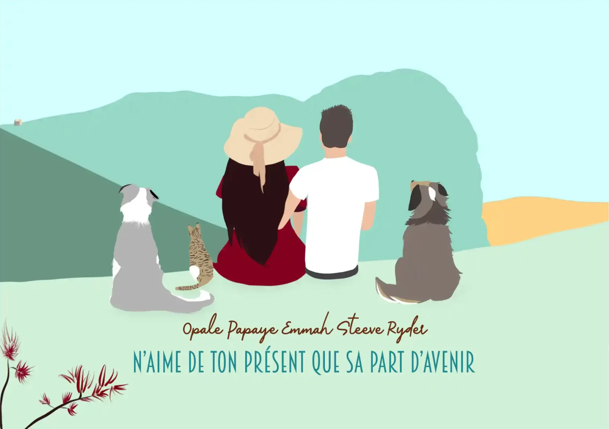 Portrait famille personnalisé de dos. Dessin d'un couple, 2 chiens et 1 chat. Une affiche personnalisée de dos avec prénom et une citation, dessinée à partir de plusieurs photos. DENADDA.