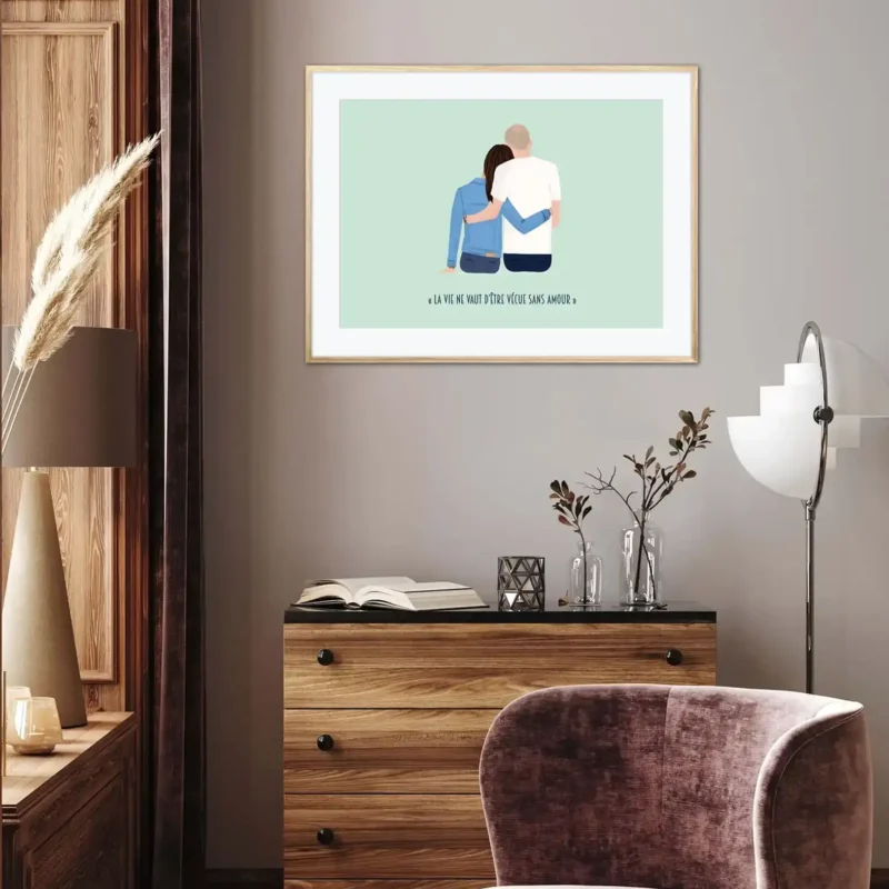 Tableau de famille personnalisé de dos Tableau couple personnalisé de dos avec texte. Un portrait dessiné par DENADDA.