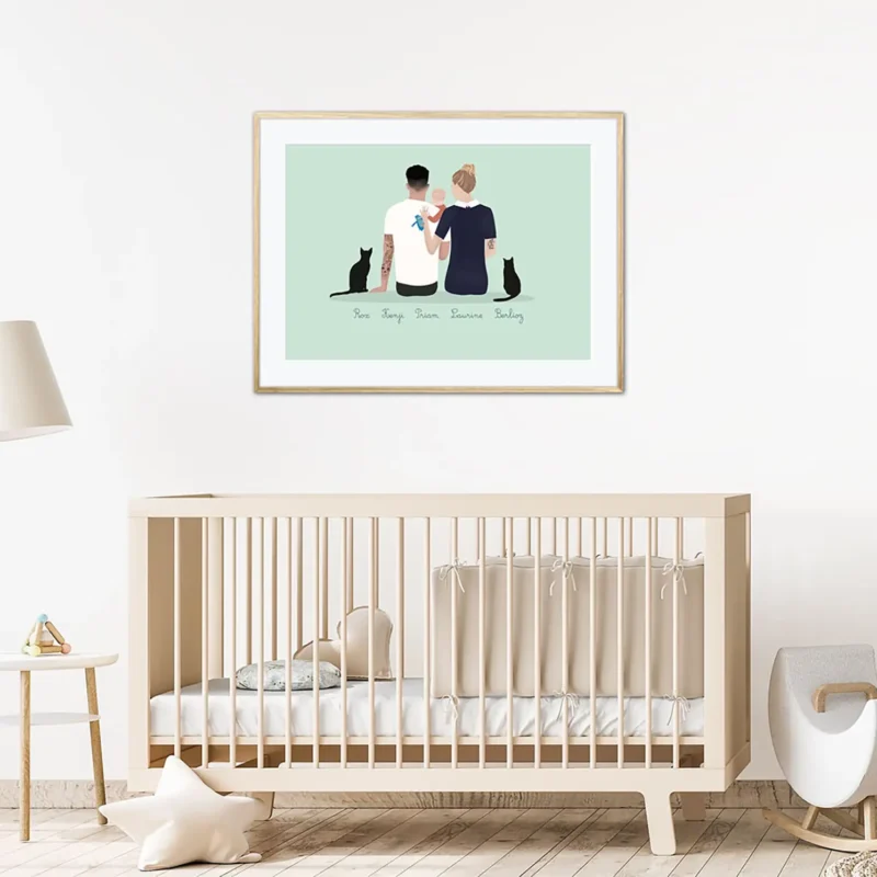 Tableau de famille personnalisé de dos Tableau famille personnalisé de dos avec prénom. 3 personnes et 2 chat. Un portrait de dos dessiné par DENADDA.