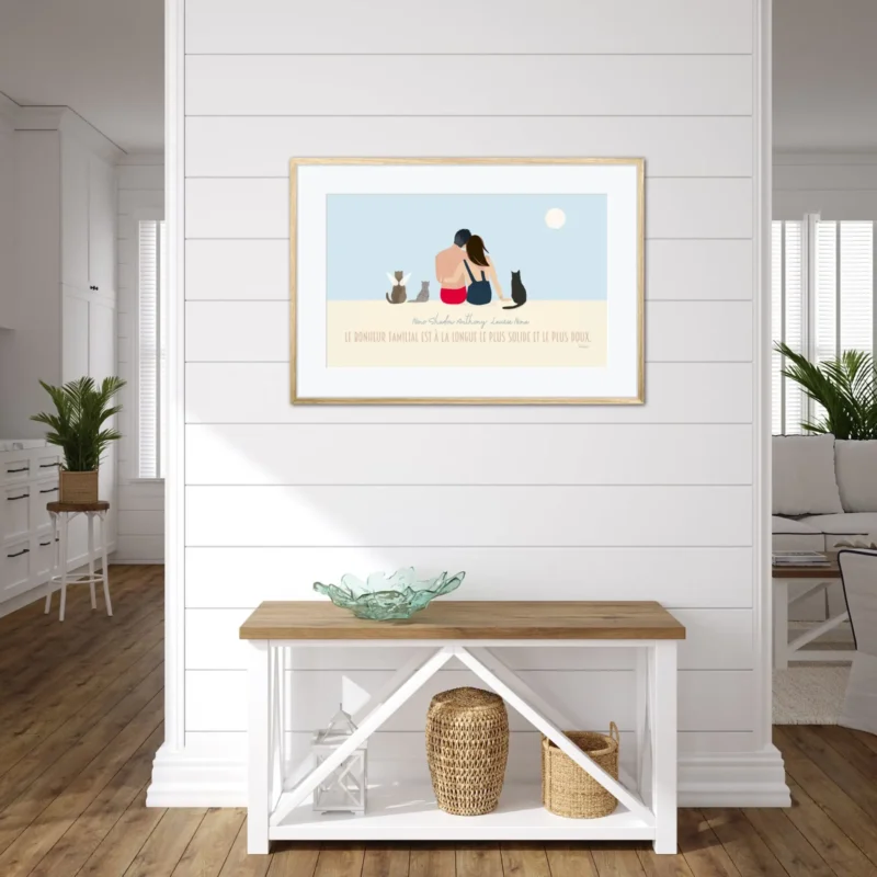 Tableau de famille personnalisé de dos Tableau famille personnalisé de dos avec prénoms. Dessin d'un couple et 3 chats. Un portrait dessiné par DENADDA.