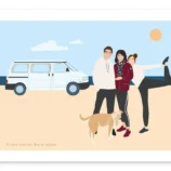 Une affiche personnalisée à partir de plusieurs photos. avec du texte. Van life en famille, 3 personnes et 1 chien à la plage devant leur van. Dessiné dans un style illustration par DENADDA