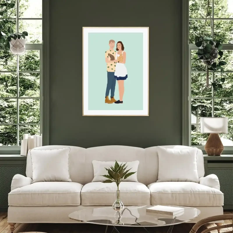 Affiche personnalisée - Style illustration avec cadre Affiche personnalisée à partir de plusieurs photos. Un couple et 2 chat sur un fond vert uni dans un cadre personnalisé par DENADDA.